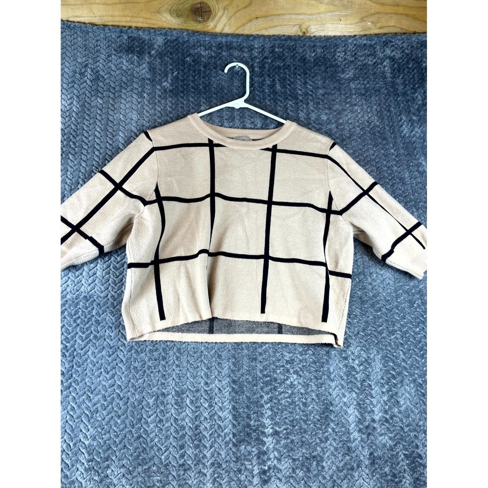 Sioni Sweater Womens Large Beige Black Grid Check Rayon Short Sleeve Pullover